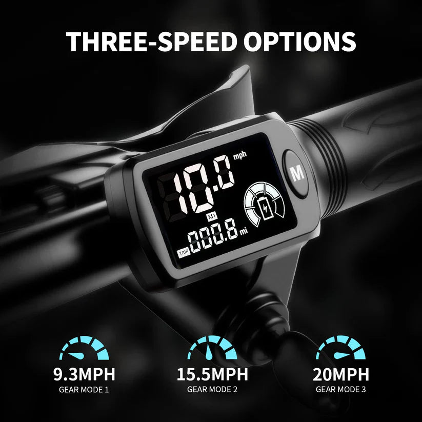 Digital speedometer with three-speed options on a dark background