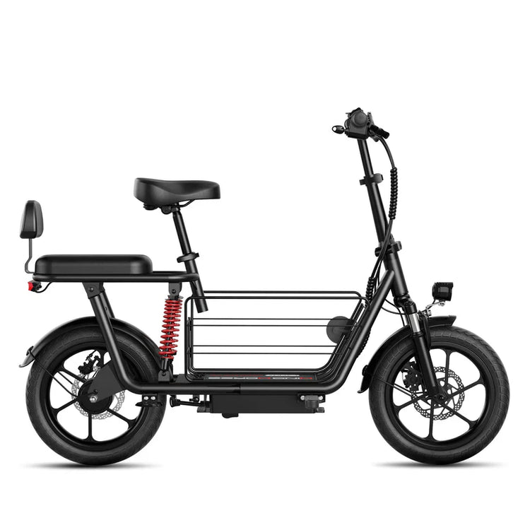 Black electric bike with a basket on a white background