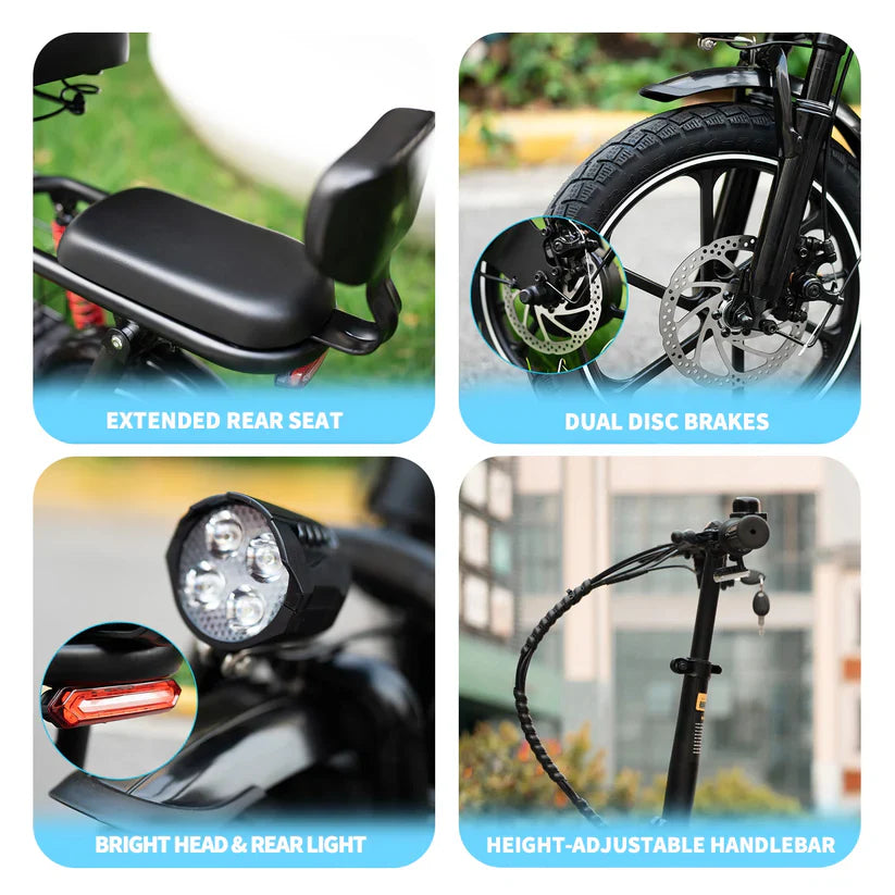 Motorcycle features including extended rear seat, dual disc brakes, bright head & rear light, and height-adjustable handlebar.