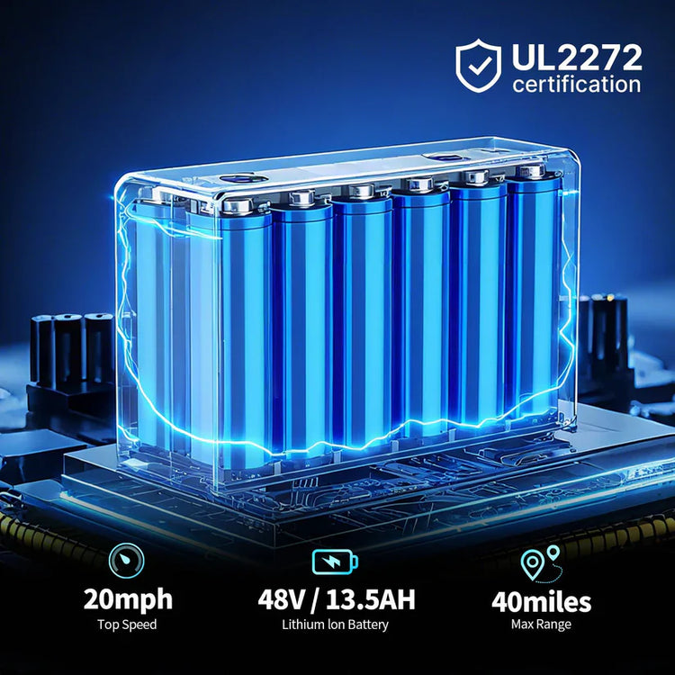 Lithium-ion battery pack with UL2272 certification on a dark background