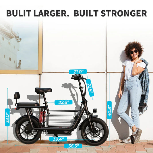 Black electric bike with a basket on a white background