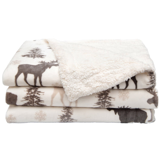 Ultra-Soft Velvet Plush Reversible Sherpa Fleece Blanket - Moose (Throw)