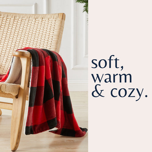 Ultra-Soft Velvet Plush Reversible Sherpa Fleece Blanket - Red/Black (Throw)