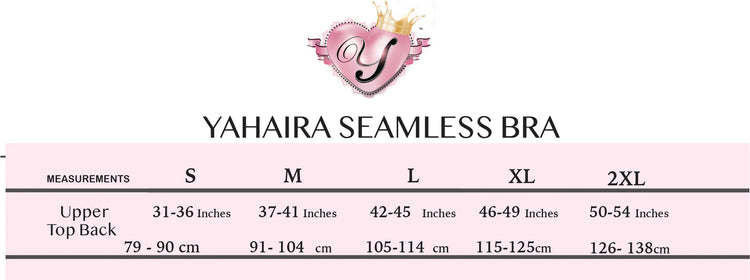 Yahaira Seamless Bra size chart with measurements on a pink background