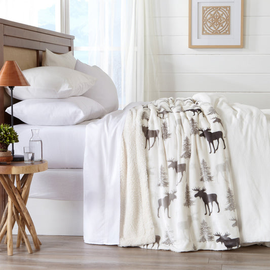 Ultra-Soft Velvet Plush Reversible Sherpa Fleece Blanket - Moose (Throw)