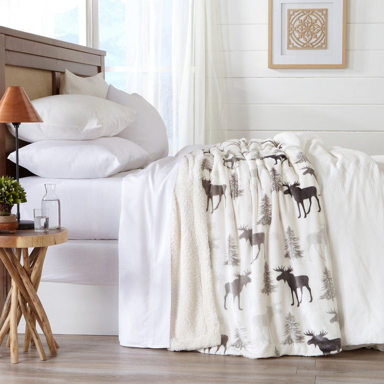 Ultra-Soft Velvet Plush Reversible Sherpa Fleece Blanket - Moose (Throw)