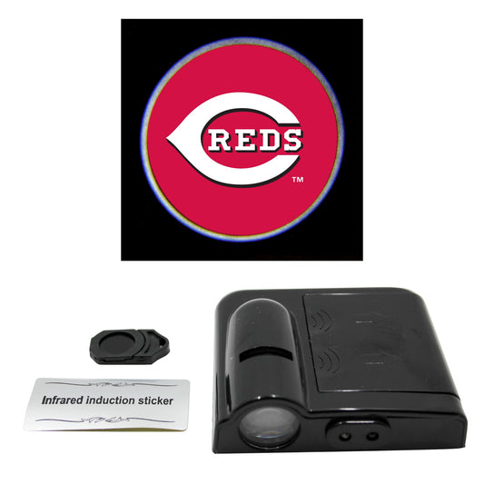 LED car door light projector with a New York Yankees logo slide, an infrared sticker, and a product information card.