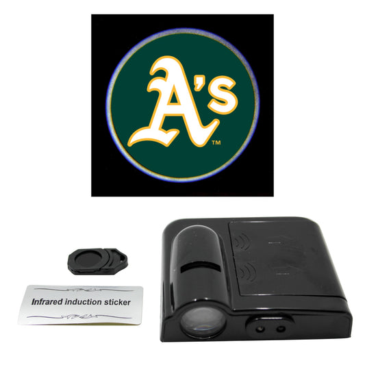 LED car door light projector with a New York Yankees logo slide, an infrared sticker, and a product information card.