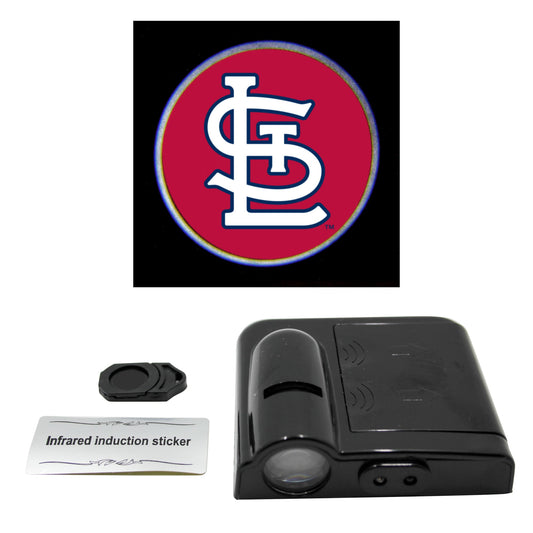 LED car door light projector with a New York Yankees logo slide, an infrared sticker, and a product information card.