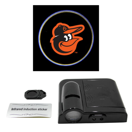 LED car door light projector with a New York Yankees logo slide, an infrared sticker, and a product information card.