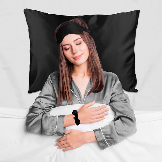 SPECIAL OFFER 5-Piece Set: Black Silky Satin Sleep Mask with Pillowcase and Scrunchies