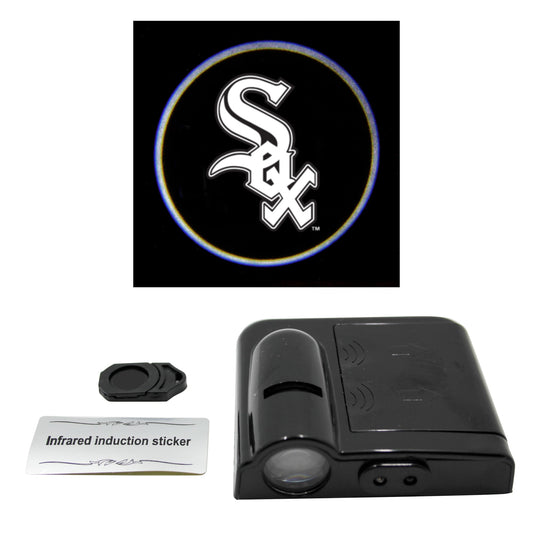 LED car door light projector with a New York Yankees logo slide, an infrared sticker, and a product information card.