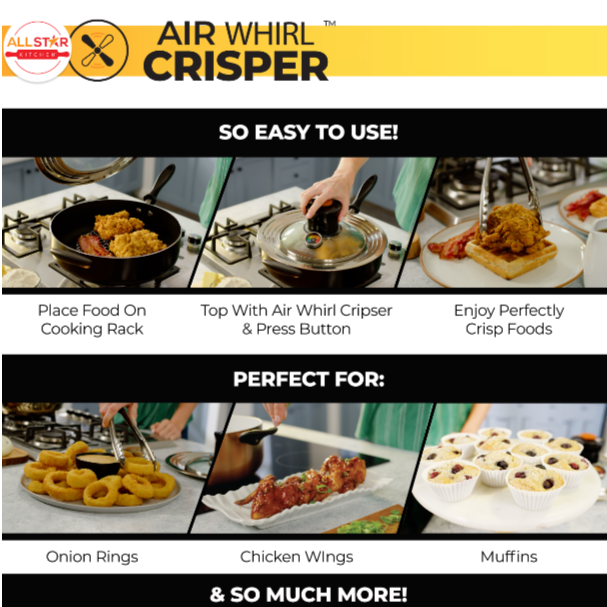  Allstar Kitchen Air Whirl Crisper Air Fryer Lid for Pots &  Pans- Fits 10 to 12 Inch Pots and Pans, Works on Stovetop- Includes Air  Whirl Lid & Expandable Tray 