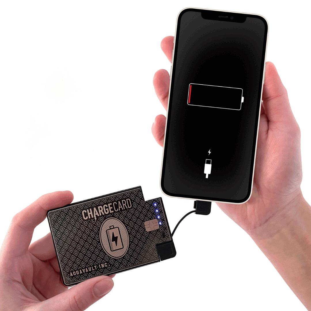 ChargeCard™ by AquaVault is an credit card sized phone & smart device portable charger and battery bank charger that fits in your wallet.  It has built in charging cables for both Apple & Android.  ChargeCard is engineered with ultra-fast charging technology and designed to go wherever your adventures lead you.