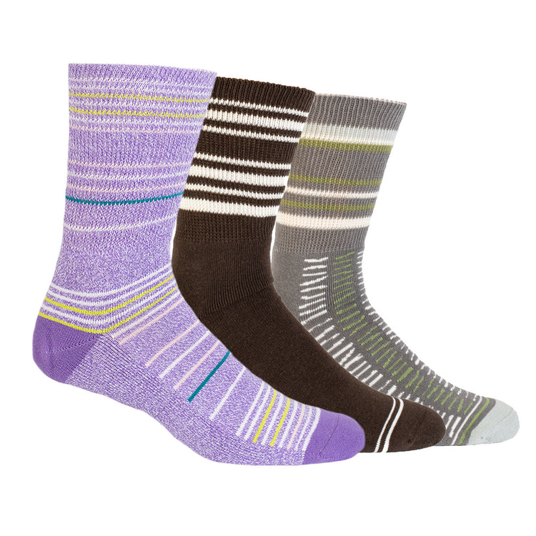 3-Pack Diabetic Socks - Purple Stripe, Chocolate, Grey Lines