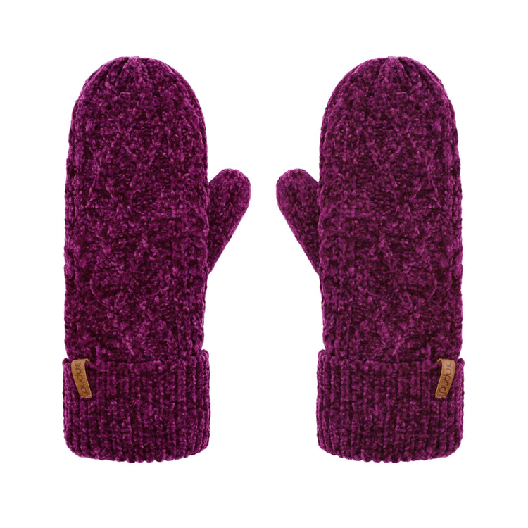 Winter Mittens in Dark Purple Chenille Cable Knit - Adult Warm Gloves