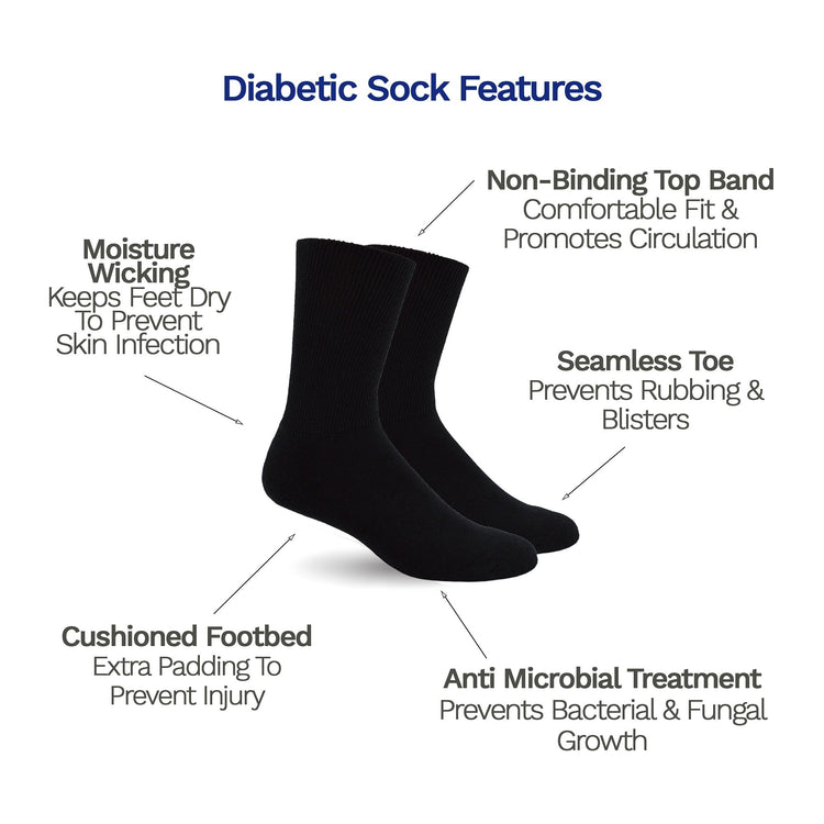 Features - Diabetic Socks for Men, Diabetic Socks For Women, Neuropathy, Non Binding, Seamless - Solid Black