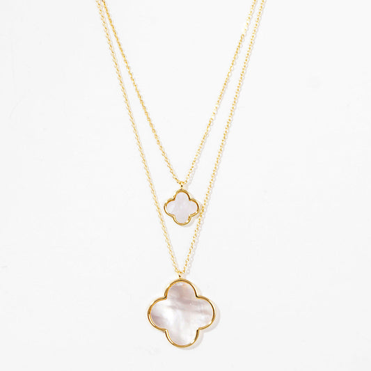 Double Clover Drop Necklace-Gold/Mother of Pearl