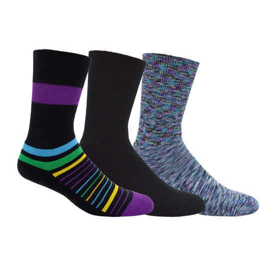 3-Pack Diabetic Socks - Multi Stripes, Solid Black & Cosmic Purple