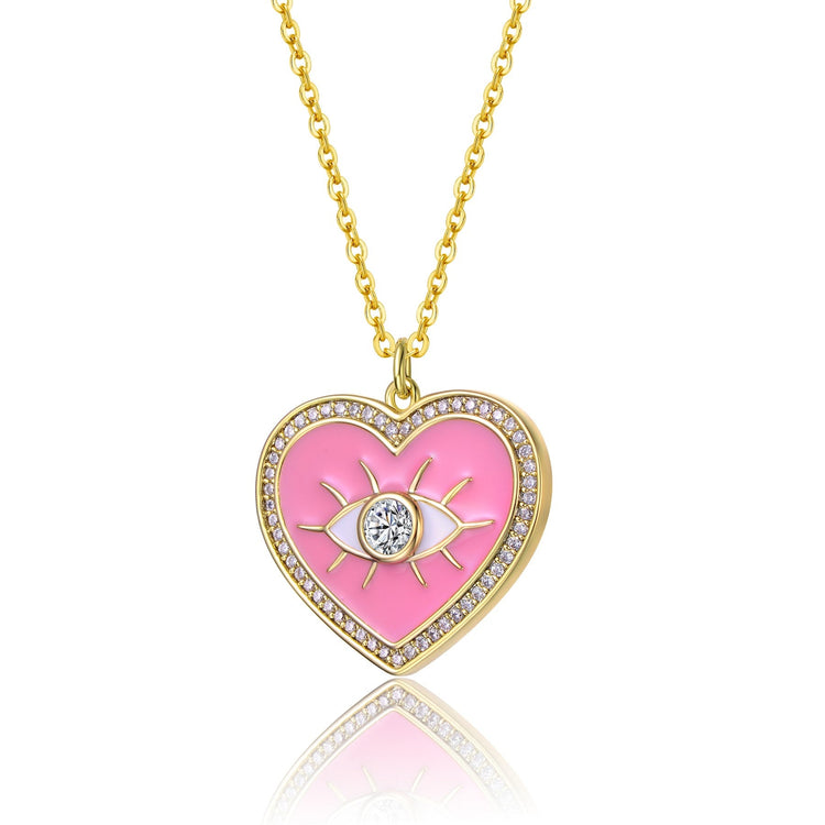 Pink Heart Evil Eye Pendant Necklace