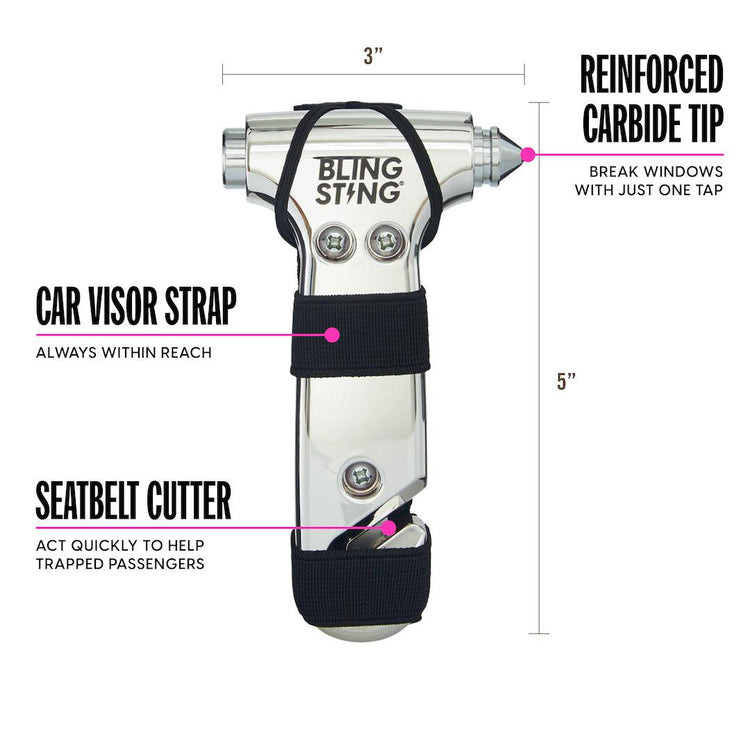 Car Escape Hammer & Glass Window Breaker - shop now on safety gear girls love to carry. Free gifts with purchase at blingsting.com