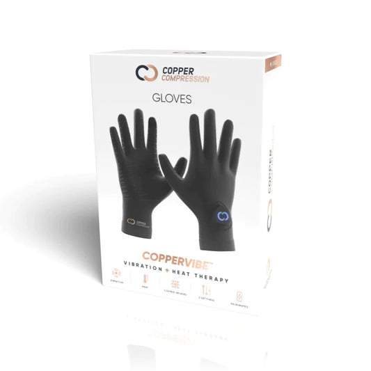 Packaging for CopperVibe Vibration+Heat Therapy Gloves