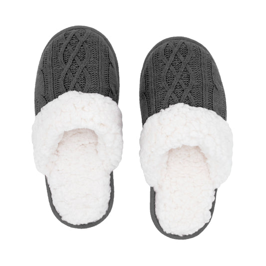 Pudus Cozy & Fluffy House Slippers for Women, Memory Foam Slipper Slides with Plush Faux Fur Fleece Lining Creekside Slide Cable Knit Grey