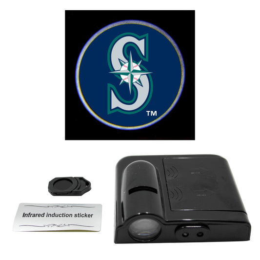 LED car door light projector with a New York Yankees logo slide, an infrared sticker, and a product information card.