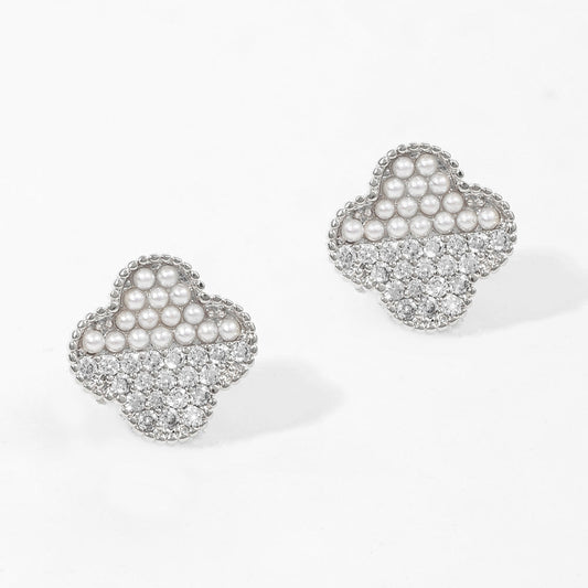 Pearl/CZ Clover Stud Earrings