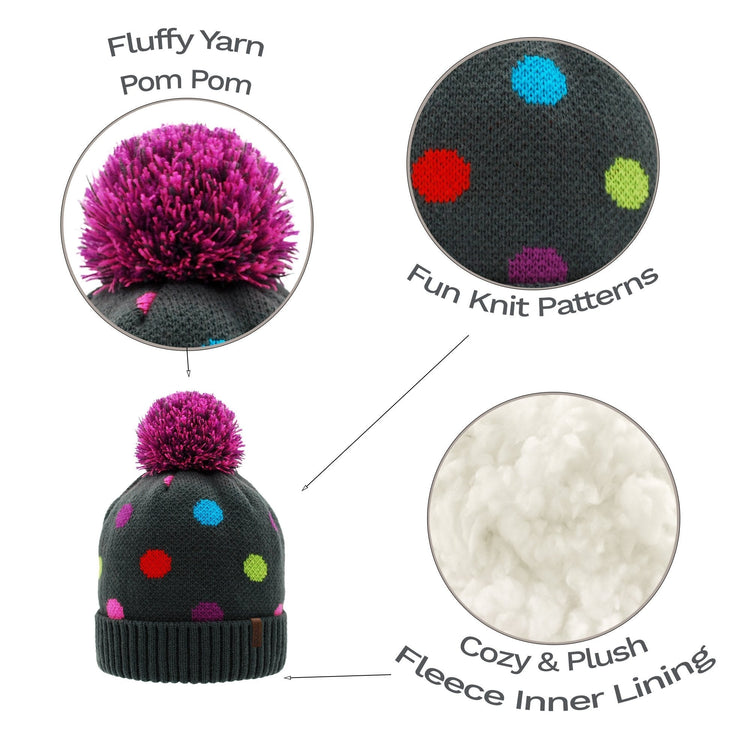 Polka Dot Multi Pom Pom Beanie Hat - Warm Winter Hat for Men & Women with Furry Sherpa Fleece Lining