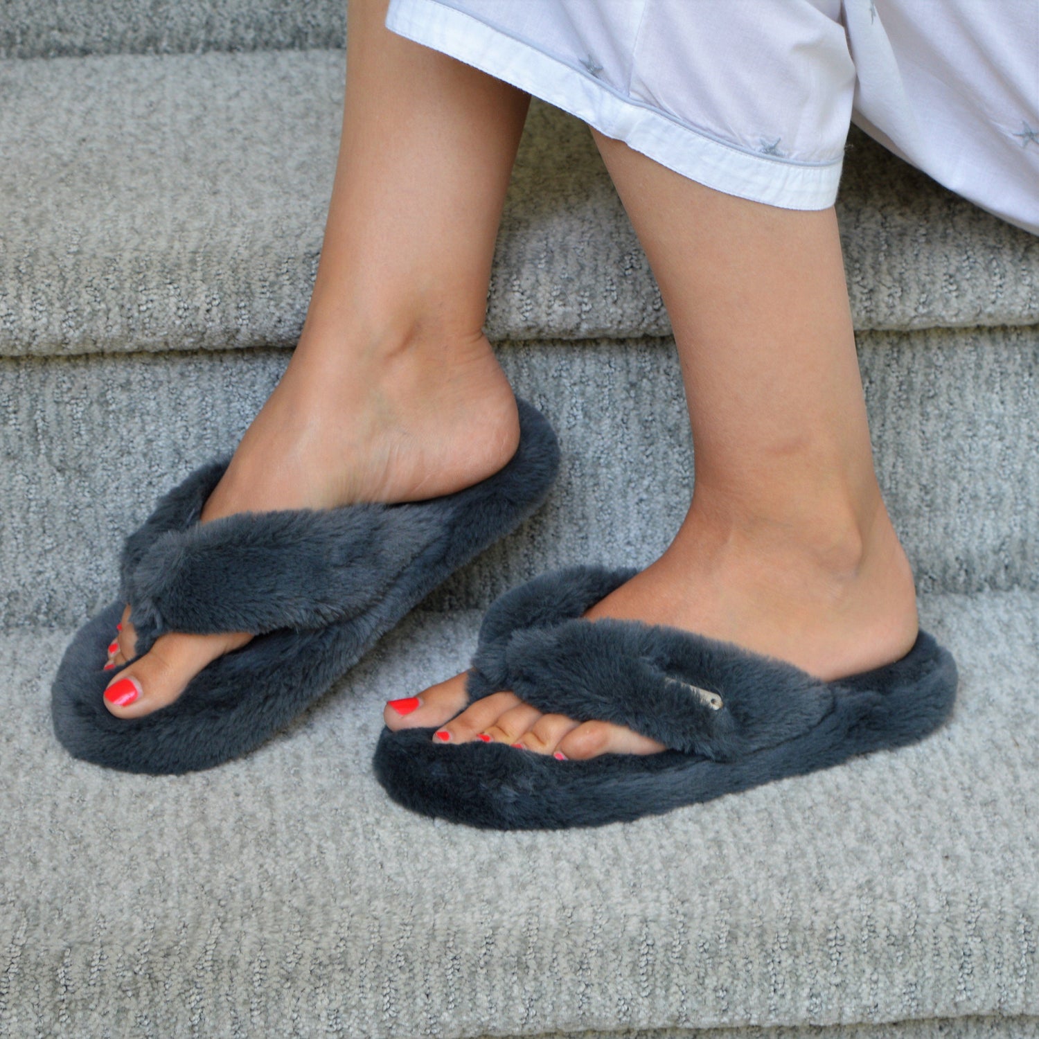 Grey Cottontail Flip Flop Slippers - Memory Foam Slippers for Women with Soft Faux Fur Lining