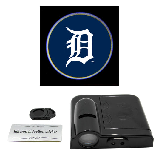 LED car door light projector with a New York Yankees logo slide, an infrared sticker, and a product information card.