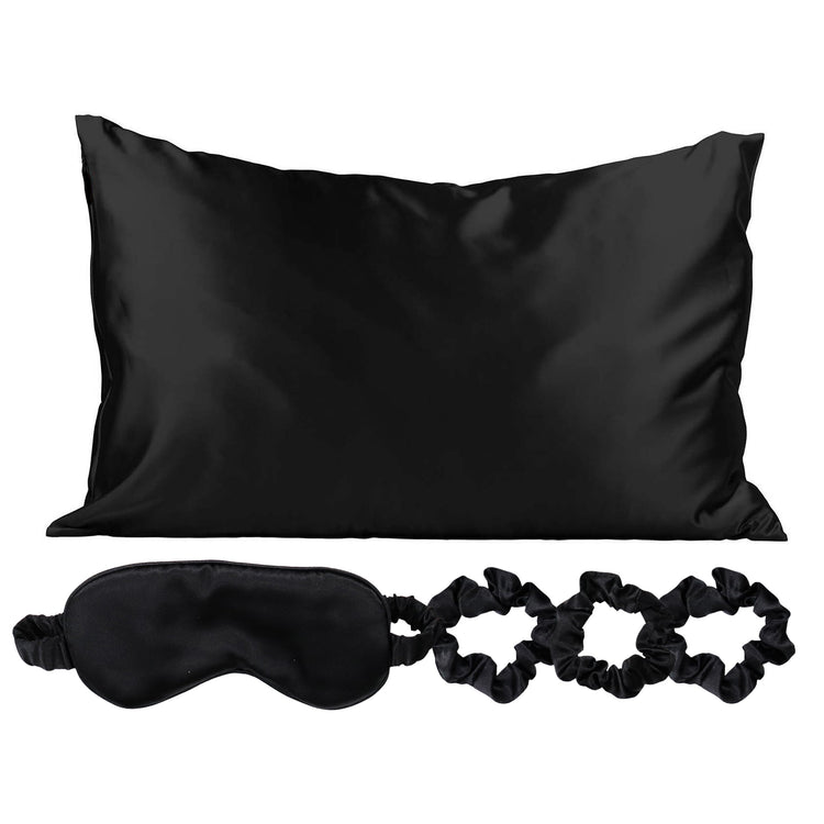 SPECIAL OFFER 5-Piece Set: Black Silky Satin Sleep Mask with Pillowcase and Scrunchies