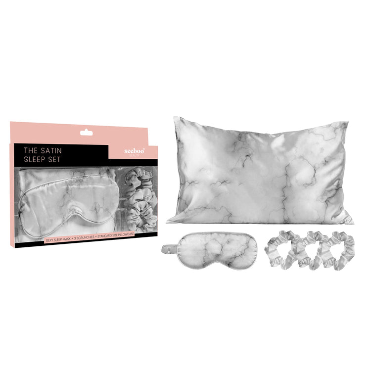 SPECIAL OFFER 5-Piece Set: Marble Silky Satin Sleep Mask with Pillowcase and Scrunchies