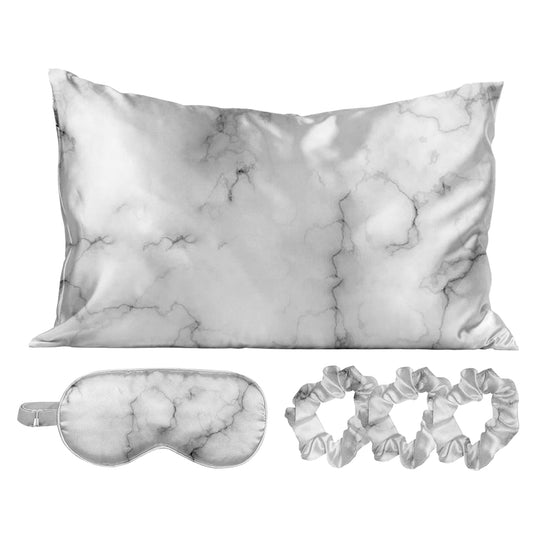 SPECIAL OFFER 5-Piece Set: Marble Silky Satin Sleep Mask with Pillowcase and Scrunchies