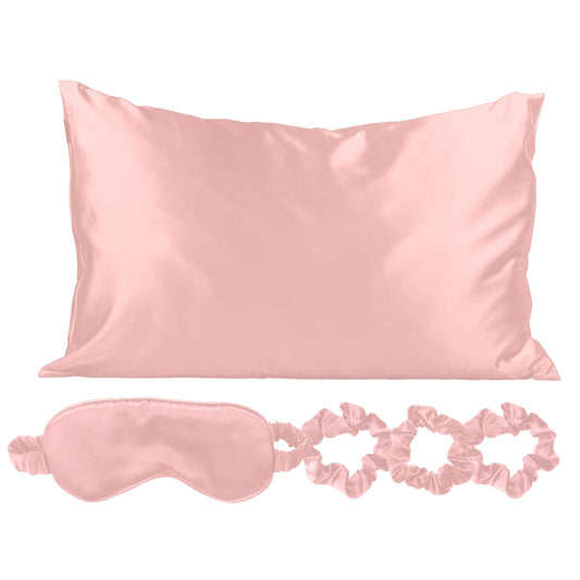 SPECIAL OFFER 5-Piece Set: Pink Silky Satin Sleep Mask with Pillowcase and Scrunchies