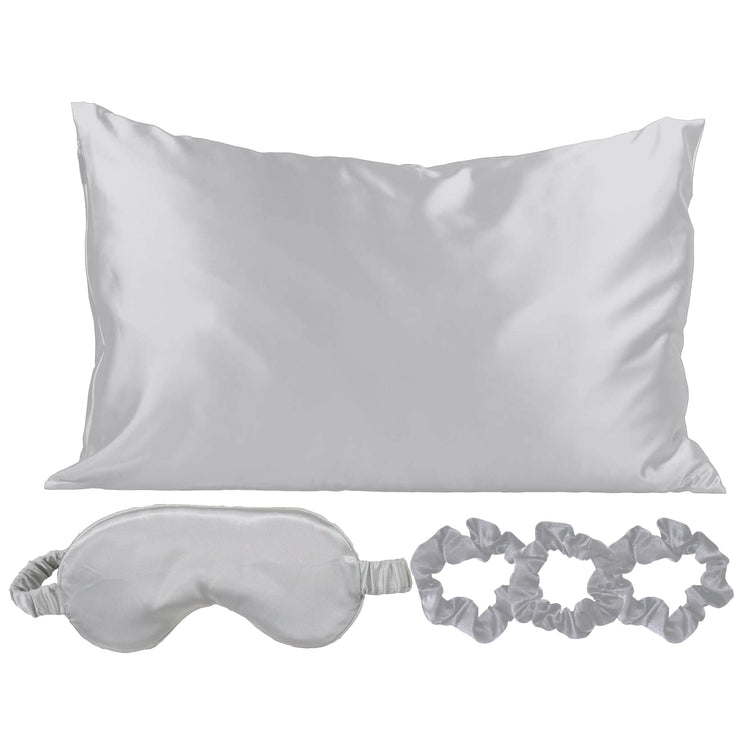 SPECIAL OFFER 5-Piece Set: Silver Silky Satin Sleep Mask with Pillowcase and Scrunchies