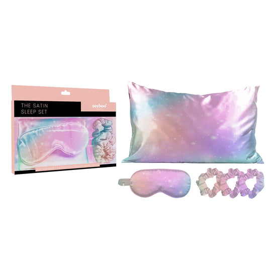 SPECIAL OFFER 5-Piece Set: Unicorn Dreams Silky Satin Sleep Mask with Pillowcase and Scrunchies