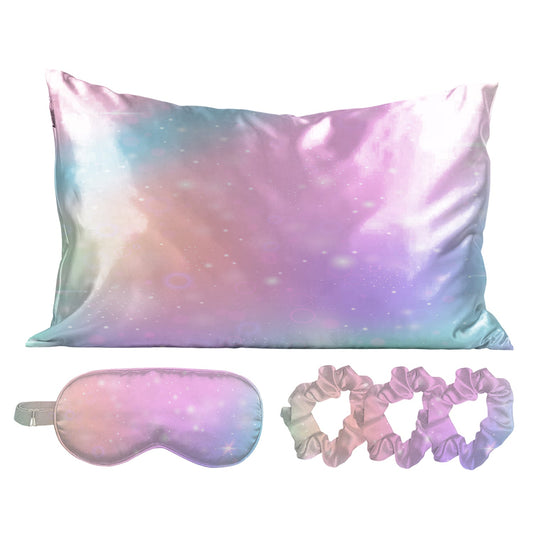 SPECIAL OFFER 5-Piece Set: Unicorn Dreams Silky Satin Sleep Mask with Pillowcase and Scrunchies