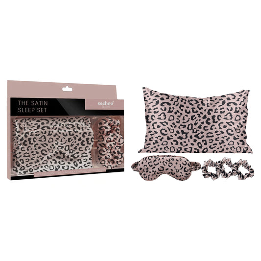 SPECIAL OFFER 5-Piece Set: Leopard Silky Satin Sleep Mask with Pillowcase and Scrunchies