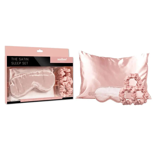 SPECIAL OFFER 5-Piece Set: Pink Silky Satin Sleep Mask with Pillowcase and Scrunchies