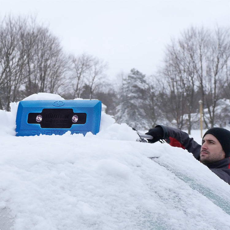 4-In-1 Telescoping Snow Broom + Ice Scraper | 18-Inch Foam Head | Headlights (Blue)