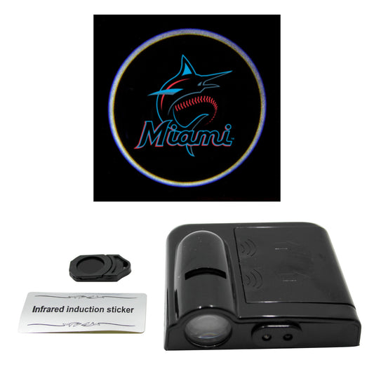 LED car door light projector with a New York Yankees logo slide, an infrared sticker, and a product information card.