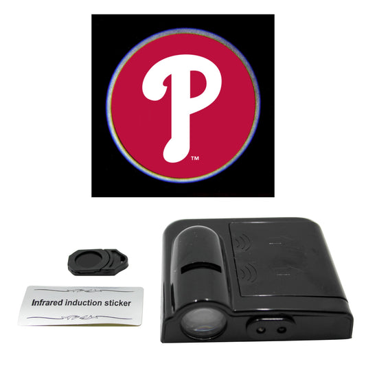 LED car door light projector with a New York Yankees logo slide, an infrared sticker, and a product information card.