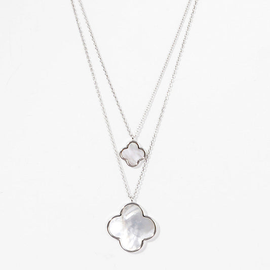 Double Clover Mother of Pearl Necklace-White Gold/Mother of Pearl