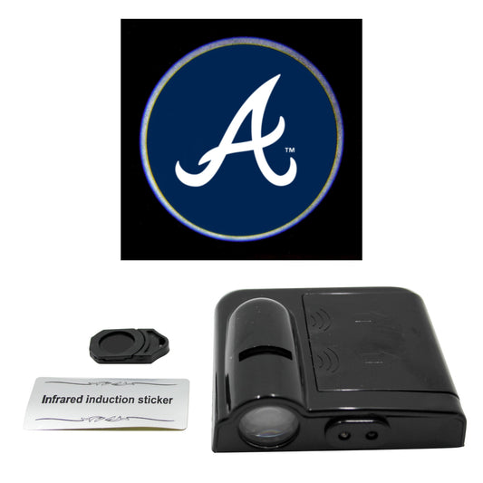LED car door light projector with a New York Yankees logo slide, an infrared sticker, and a product information card.