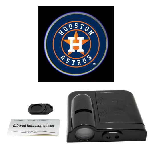 LED car door light projector with a New York Yankees logo slide, an infrared sticker, and a product information card.