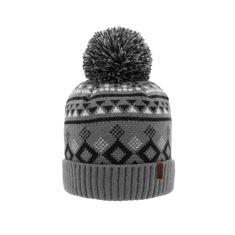 Geometric Black Pom Pom Beanie Hat - Warm Winter Hat for Men & Women with Furry Sherpa Fleece Lining