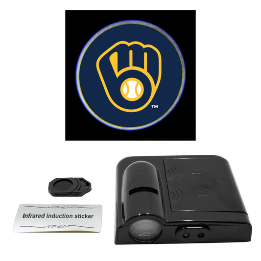 LED car door light projector with a New York Yankees logo slide, an infrared sticker, and a product information card.