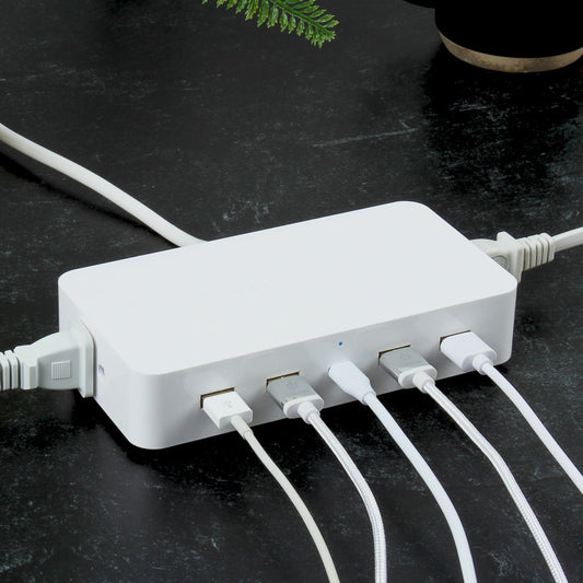 7-Device Charger with USB, Type-C, and AC - White
